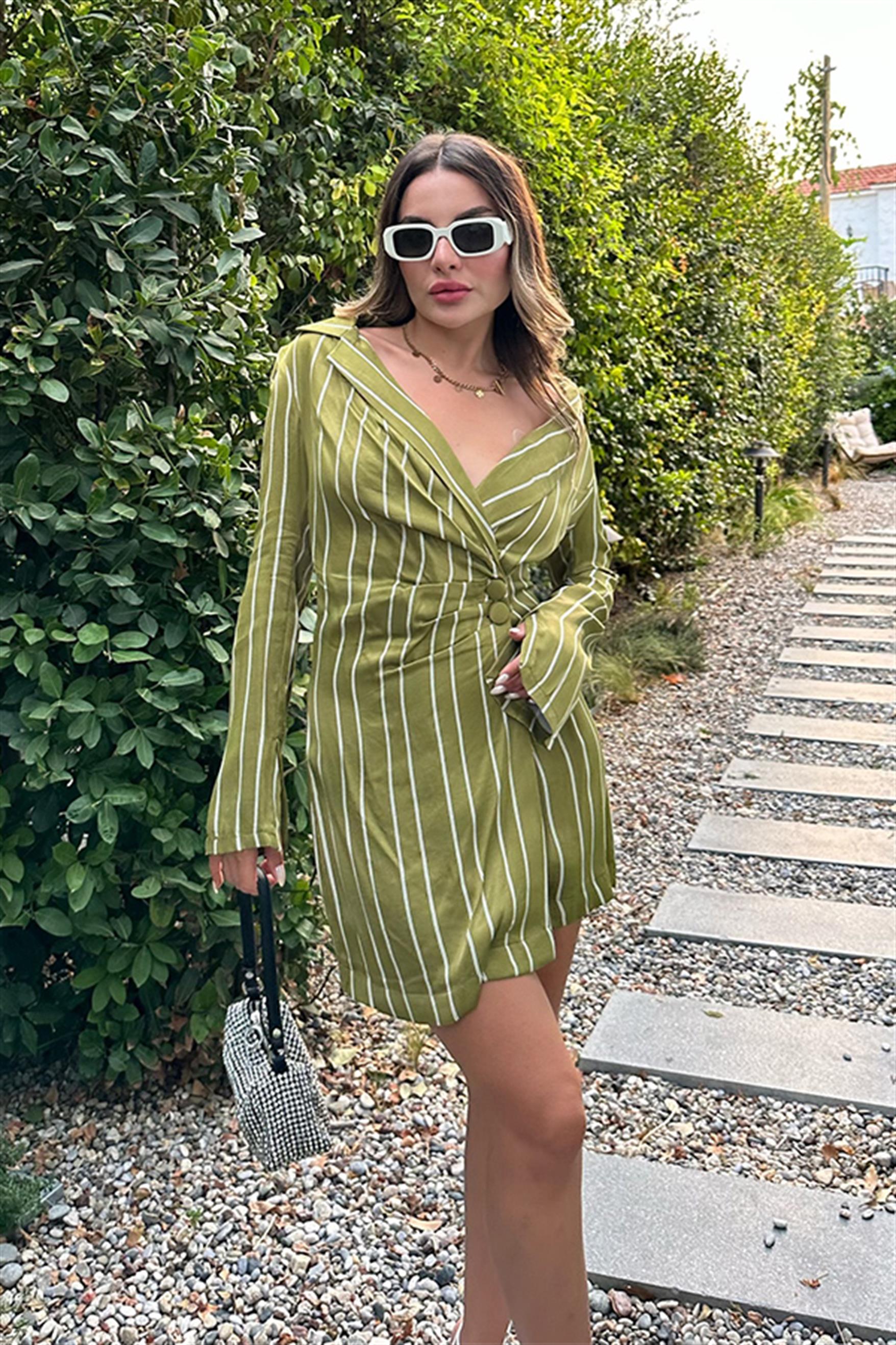 Essence çizgili saten blazer ceket - Yağ yeşil