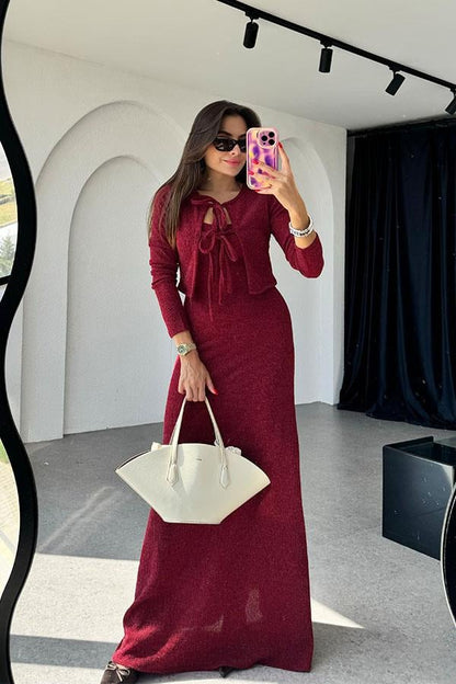 Estelle Hırka Elbise Bordo Takım