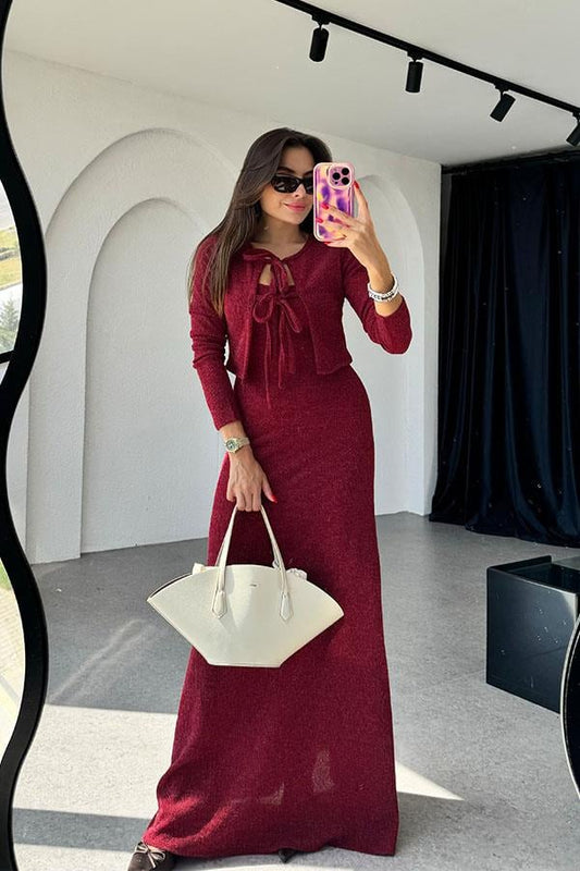 Estelle Hırka Elbise Bordo Takım