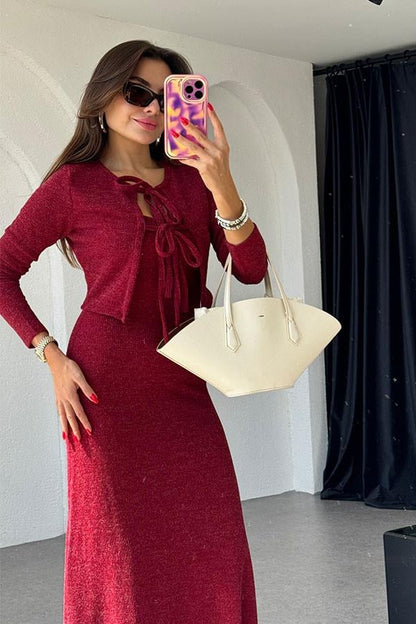 Estelle Hırka Elbise Bordo Takım