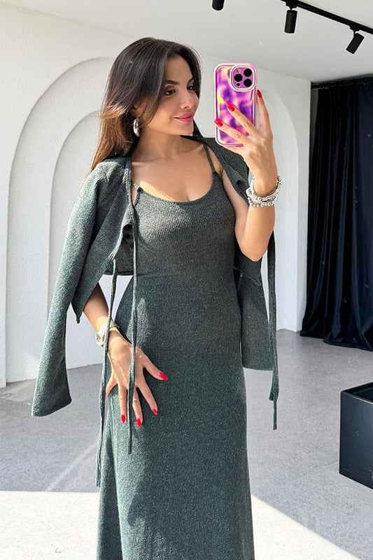 Estelle Hırka Elbise Haki Takım