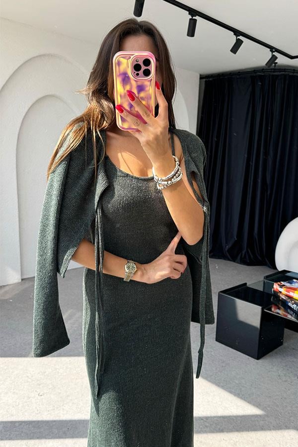 Estelle Hırka Elbise Haki Takım