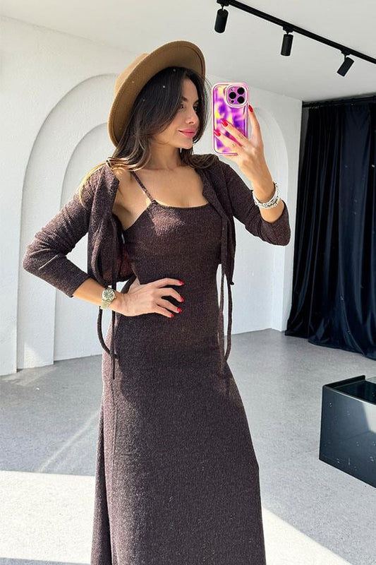 Estelle Hırka Elbise Kahve Takım