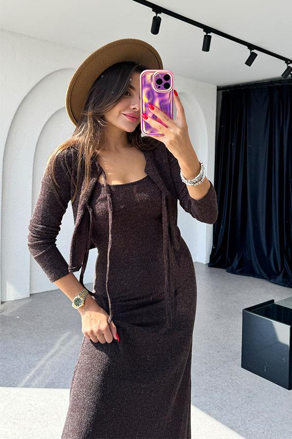 Estelle Hırka Elbise Kahve Takım