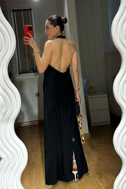 Esther Boyundan Bağlamalı Sırt Dekolteli elbise-Sİyah