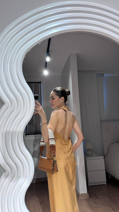 Esther Boyundan Bağlamalı Sırt Dekolteli elbise-Kiremit