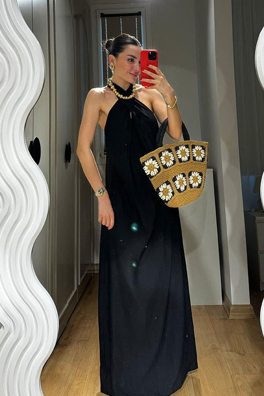 Esther Boyundan Bağlamalı Sırt Dekolteli elbise-Sİyah