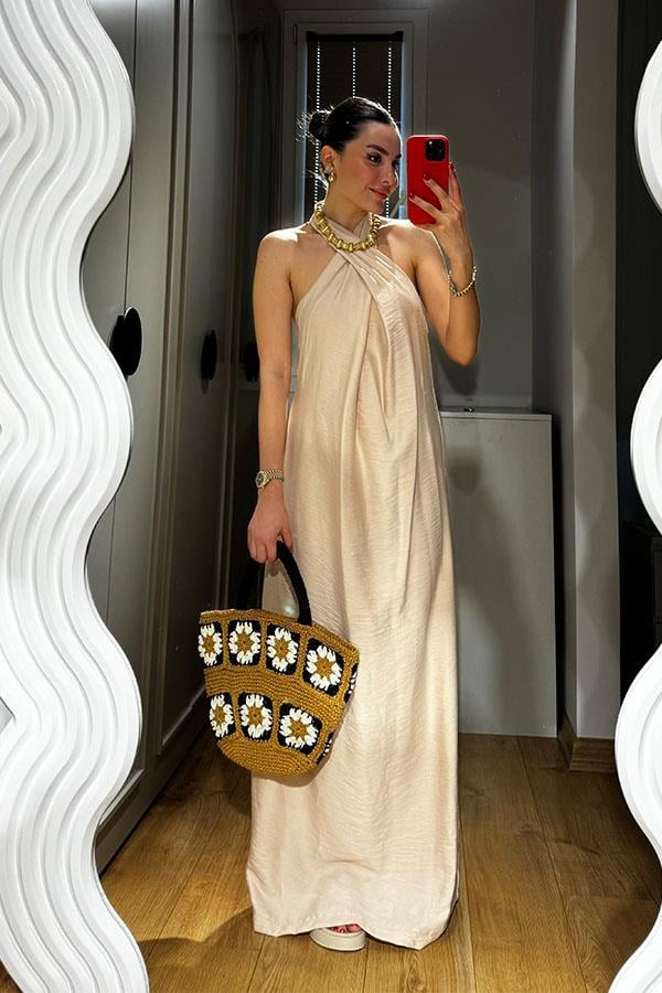 Esther Boyundan Bağlamalı Sırt Dekolteli elbise-Krem