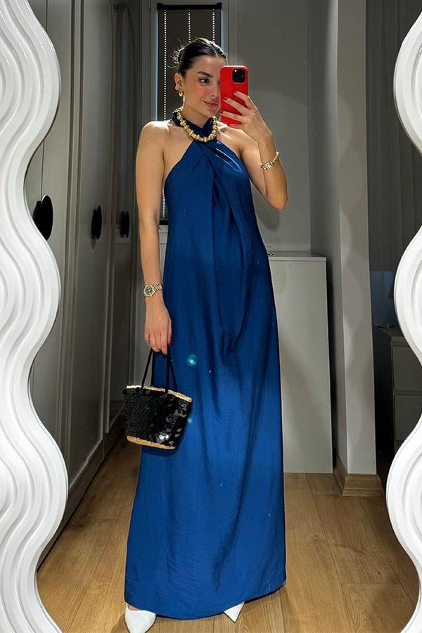 Esther Boyundan Bağlamalı Sırt Dekolteli elbise-Saks Mavi