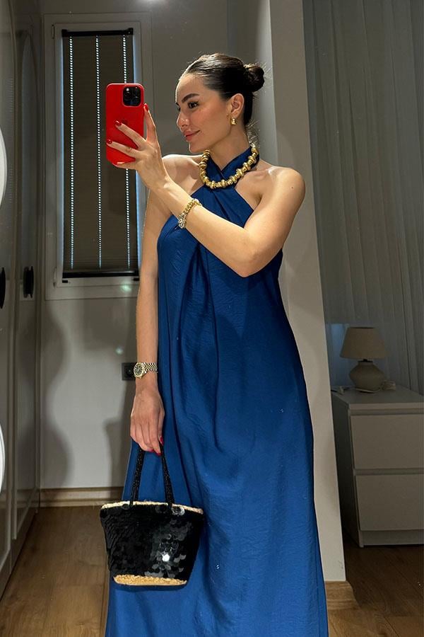 Esther Boyundan Bağlamalı Sırt Dekolteli elbise-Saks Mavi