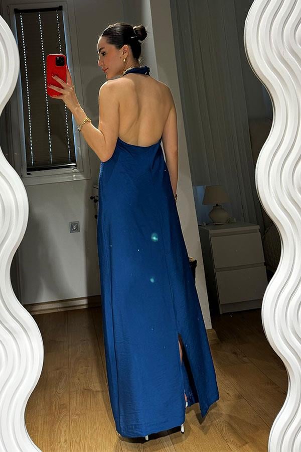 Esther Boyundan Bağlamalı Sırt Dekolteli elbise-Saks Mavi