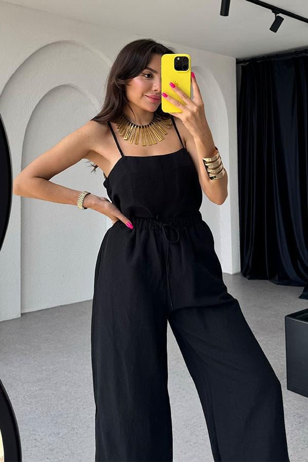 Evander Keten Büstiyer Pantolon Takım -Siyah