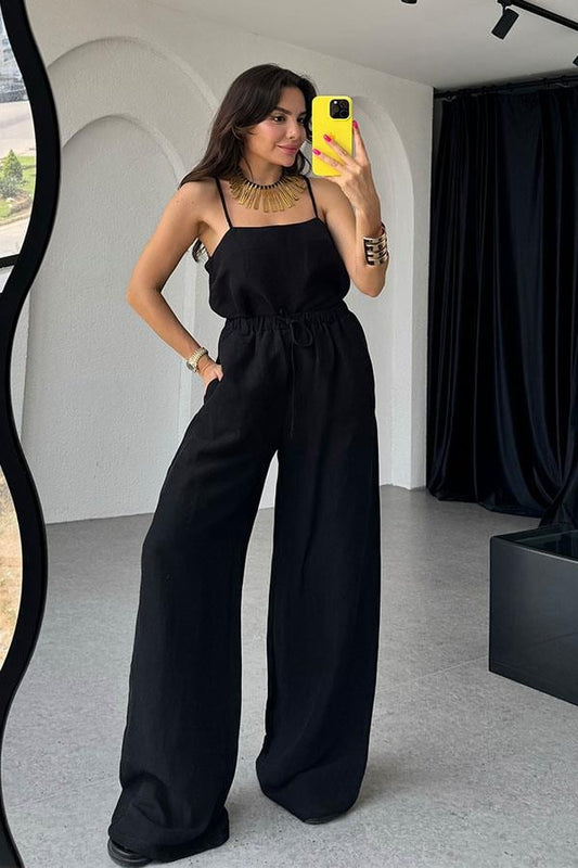 Evander Keten Büstiyer Pantolon Takım -Siyah