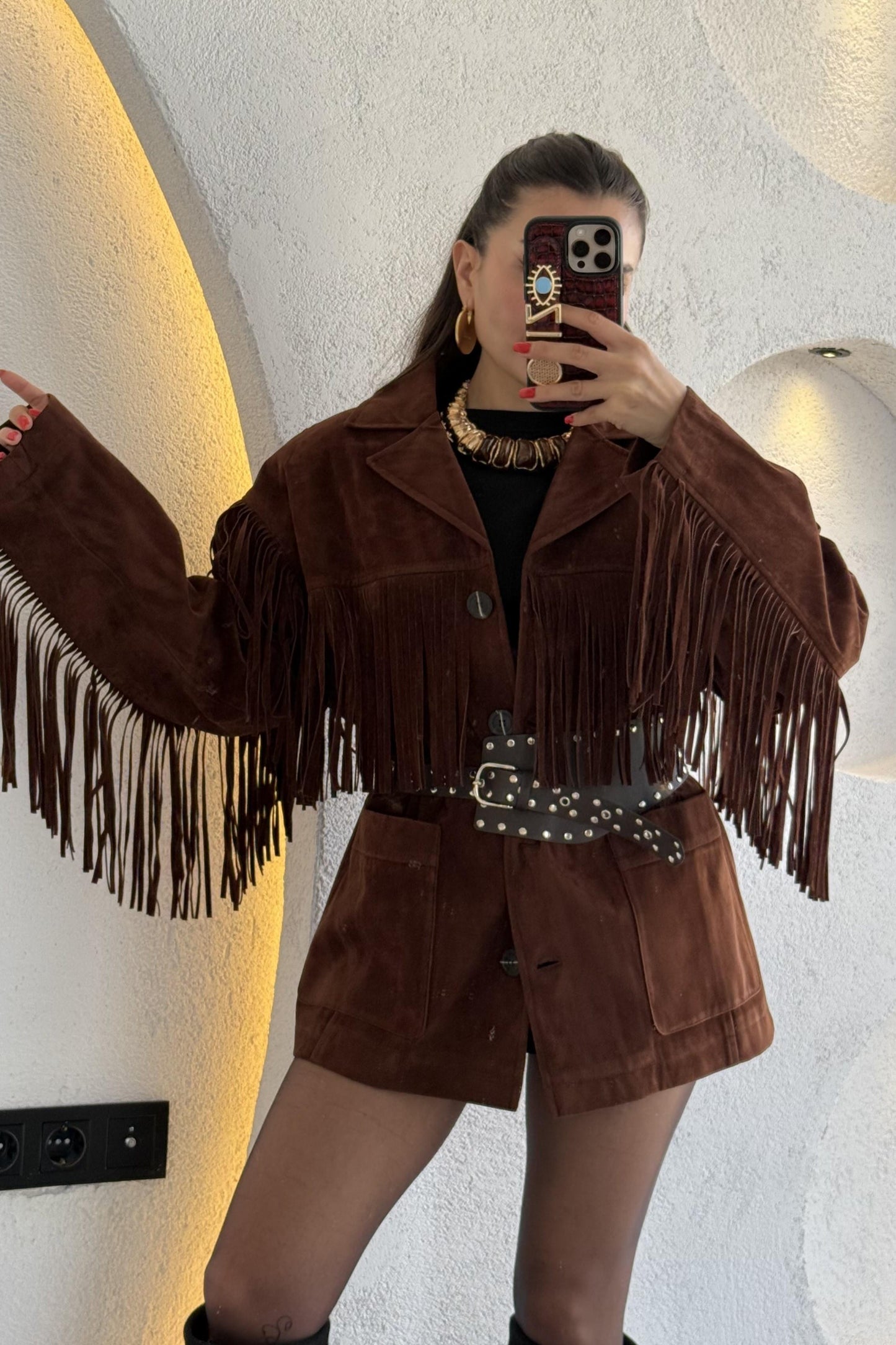 Exert Acı Kahve Püsküllü Süet Ceket