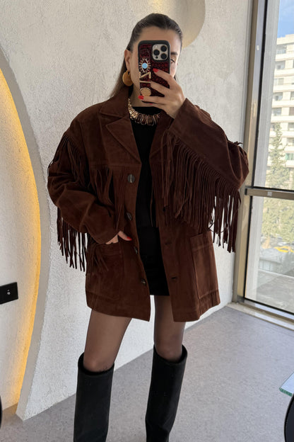 Exert Acı Kahve Püsküllü Süet Ceket