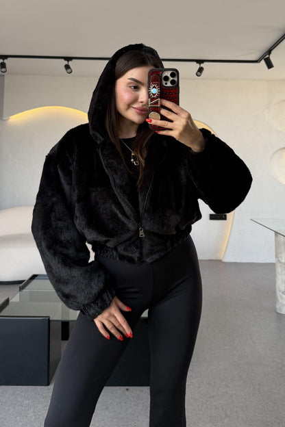 Falcon Siyah Kapüşonlu Peluş Ceket