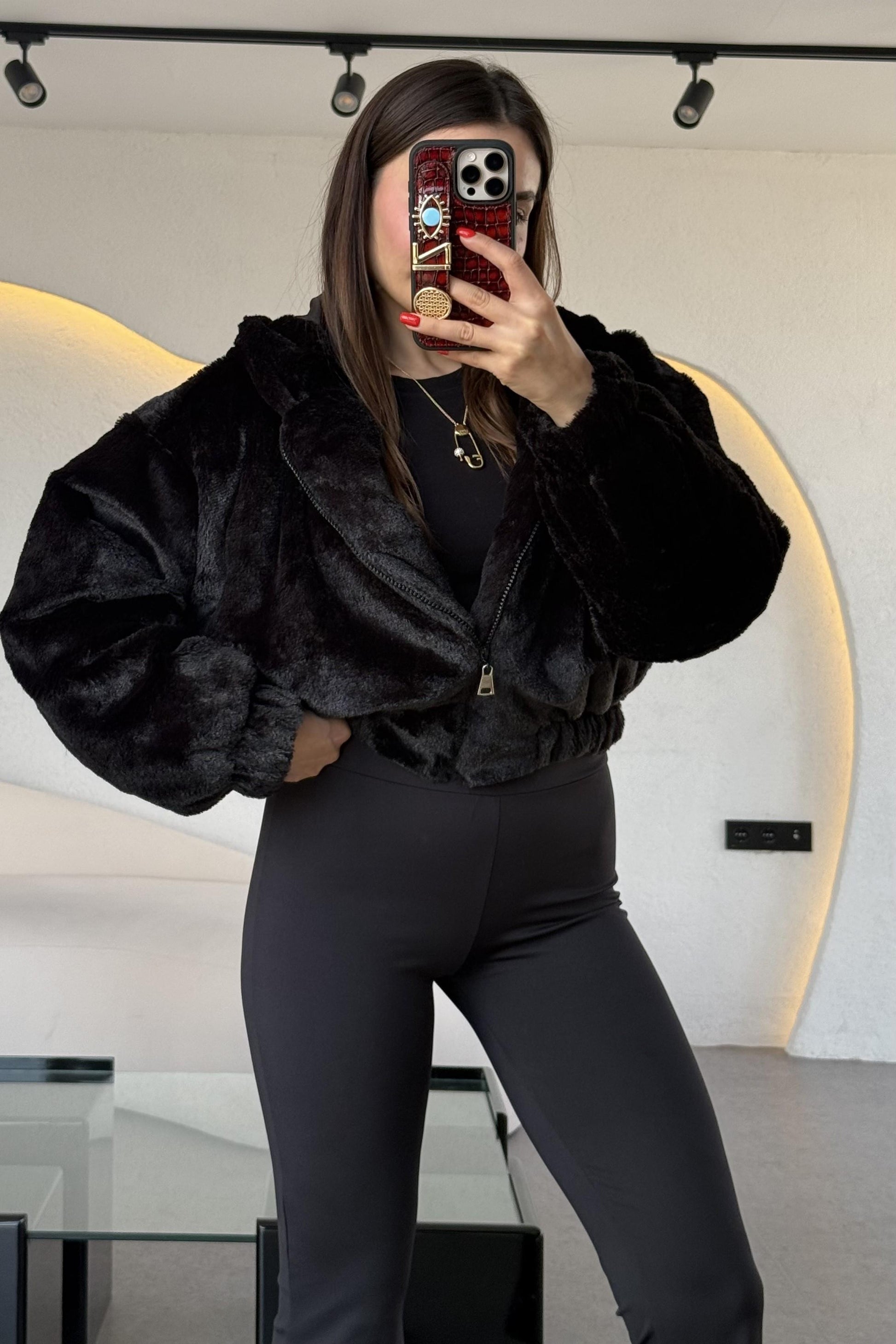 Falcon Siyah Kapüşonlu Peluş Ceket