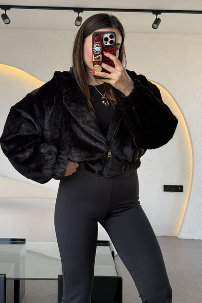 Falcon Siyah Kapüşonlu Peluş Ceket