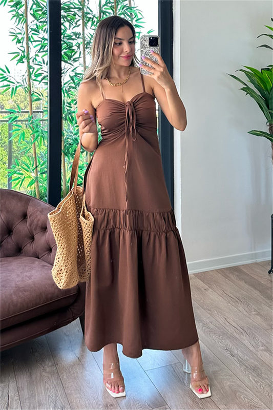 Fanny önü büzgülü acı kahve keten elbise