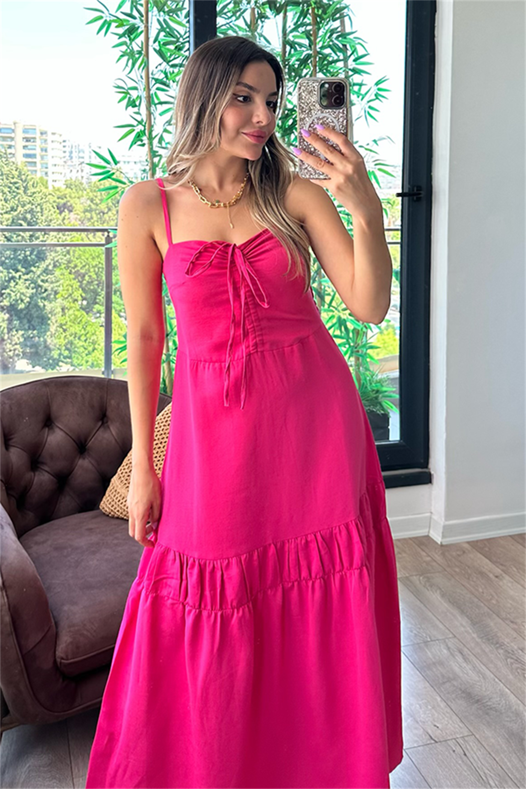 Fanny önü büzgülü pembe keten elbise