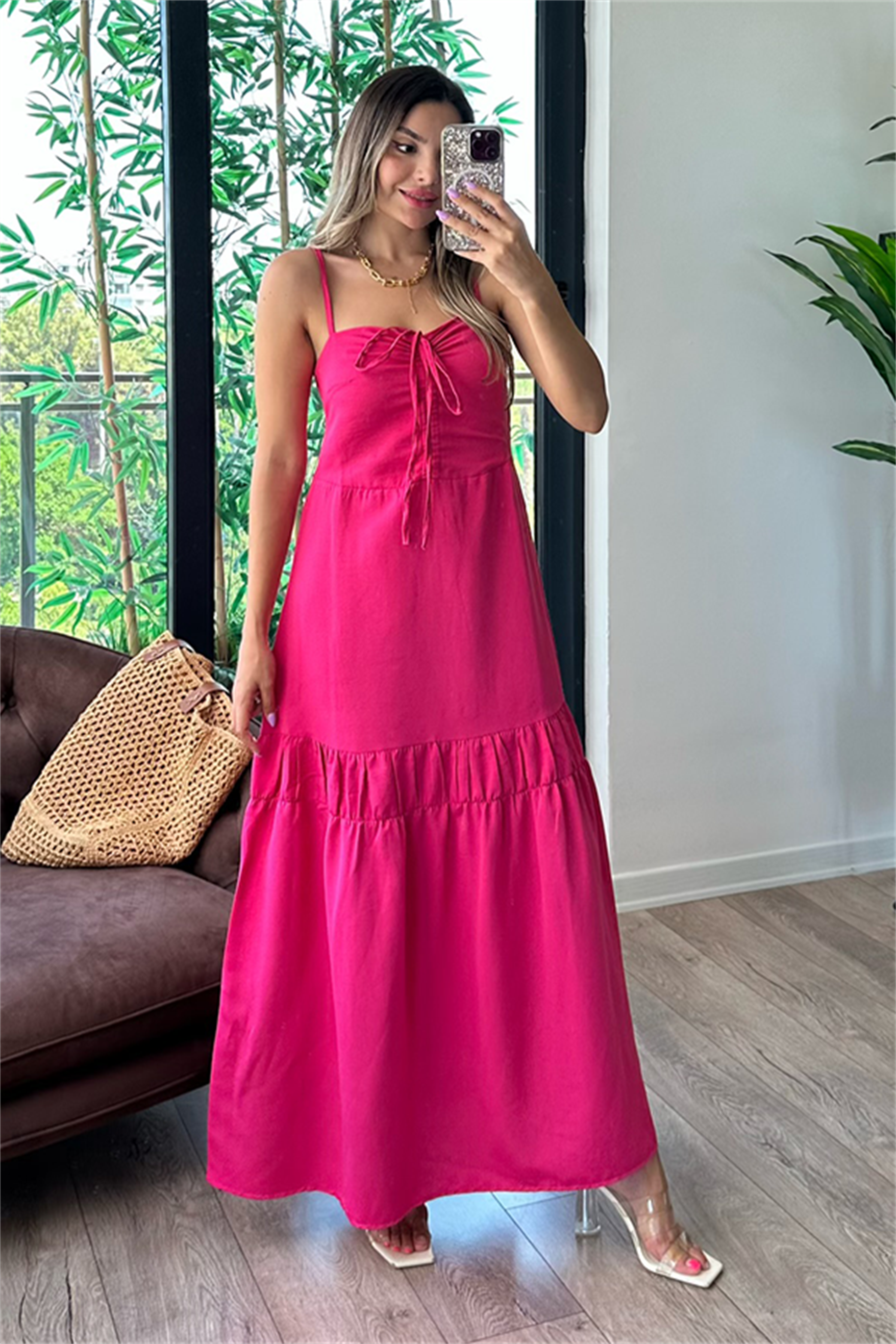 Fanny önü büzgülü pembe keten elbise