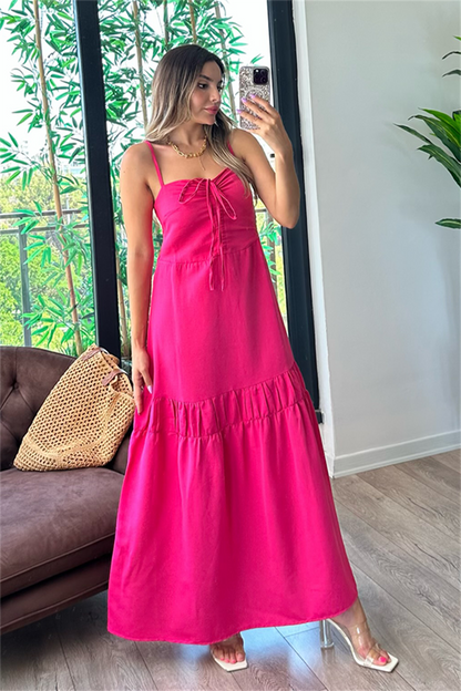 Fanny önü büzgülü pembe keten elbise
