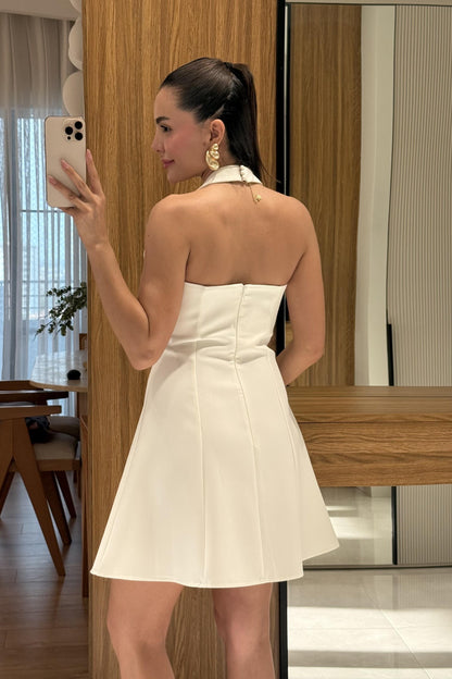 Farella Beyaz V Yaka Boyundan Bağlamalı Elbise