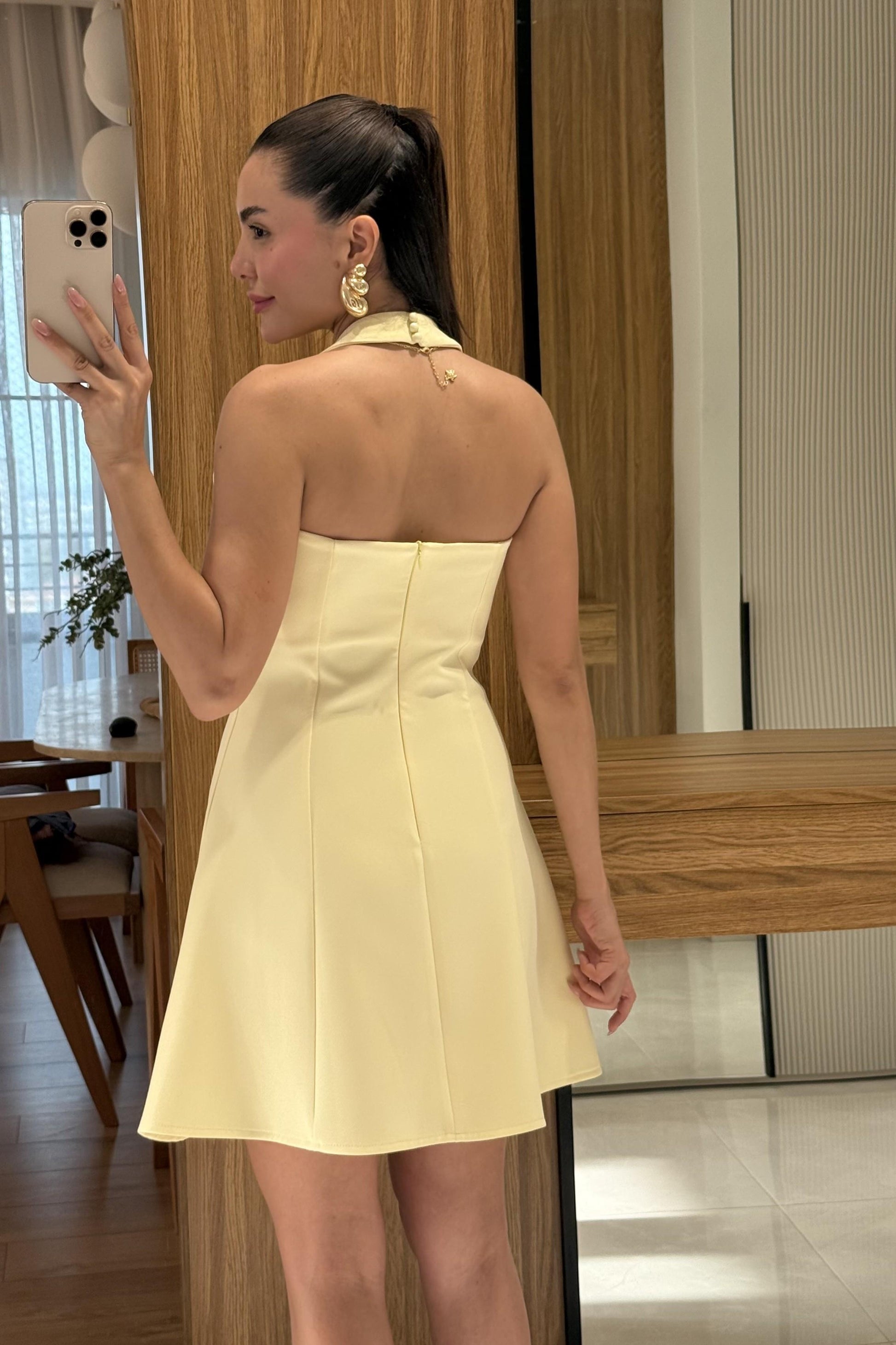 Farella Sarı V Yaka Boyundan Bağlamalı Elbise