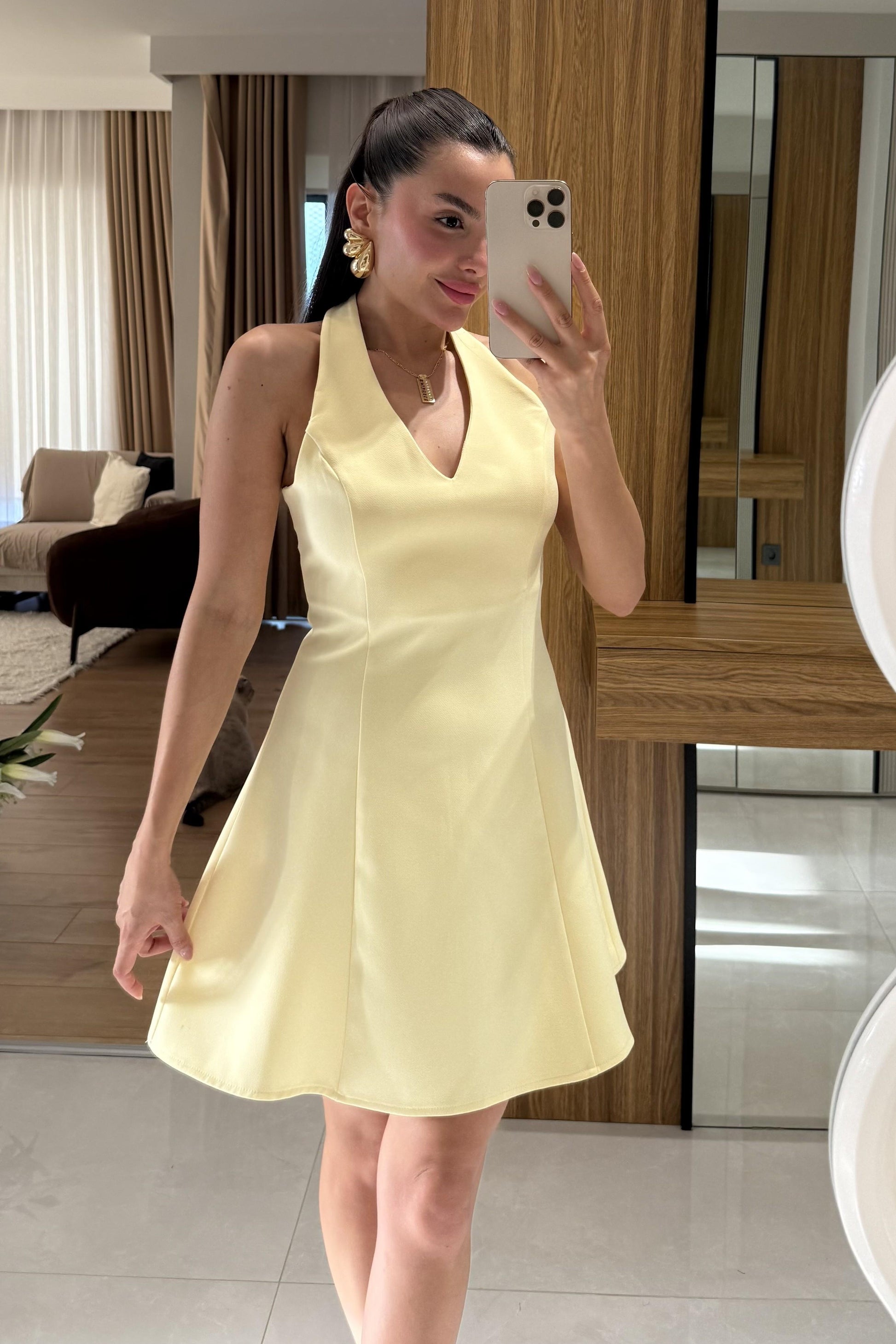 Farella Sarı V Yaka Boyundan Bağlamalı Elbise