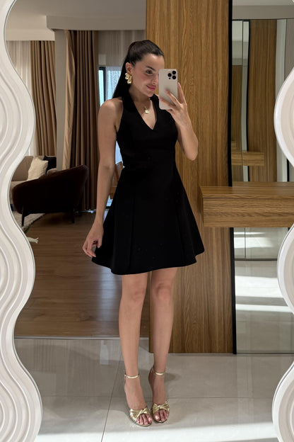 Farella Siyah V Yaka Boyundan Bağlamalı Elbise