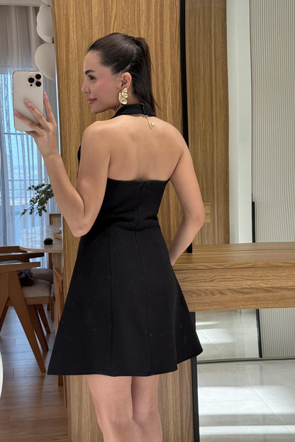 Farella Siyah V Yaka Boyundan Bağlamalı Elbise