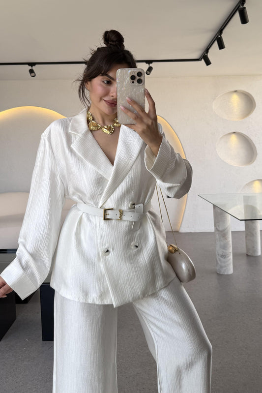 Federica Beyaz Kırışık Kumaş Premium Blazer