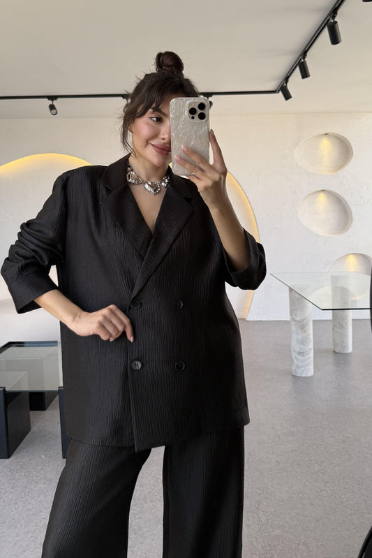 Federica Siyah Kırışık Kumaş Premium Blazer
