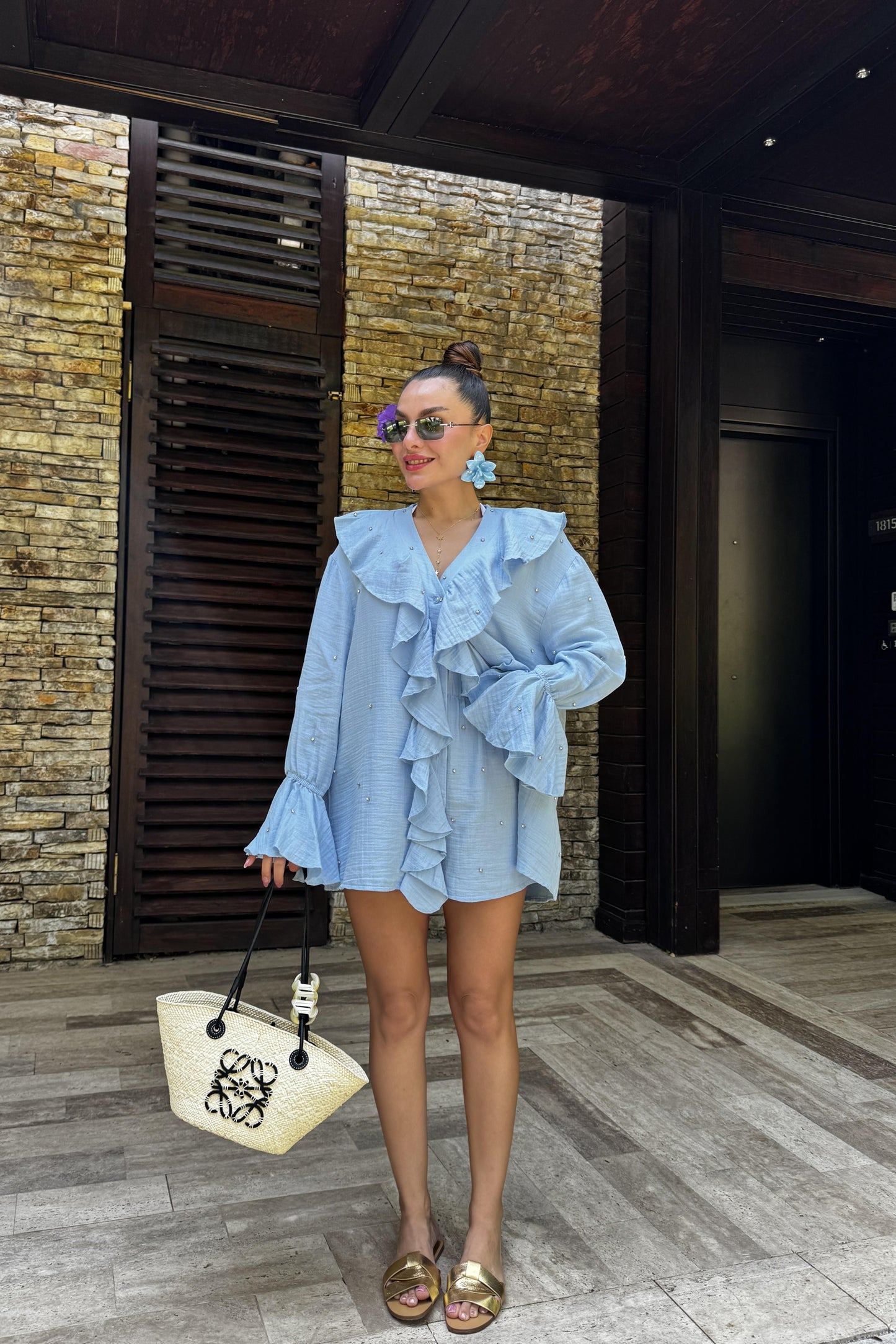 Felisya Mavi Taşlı Fırfırlı Takım