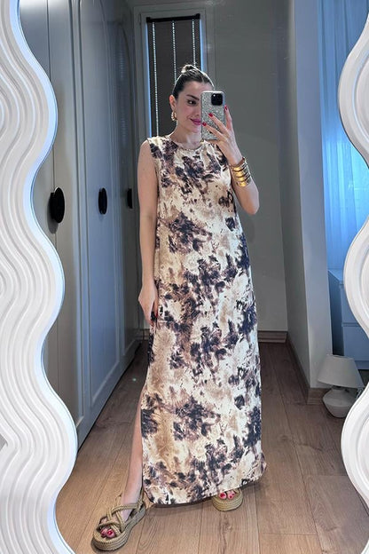 Fierte Kahverengi Desenli Elbise