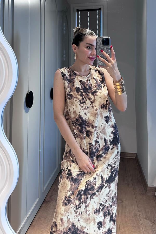 Fierte Kahverengi Desenli Elbise