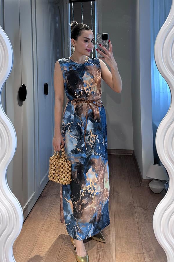 Fierte Mavi Turuncu Desenli Elbise