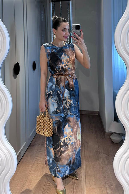 Fierte Mavi Turuncu Desenli Elbise