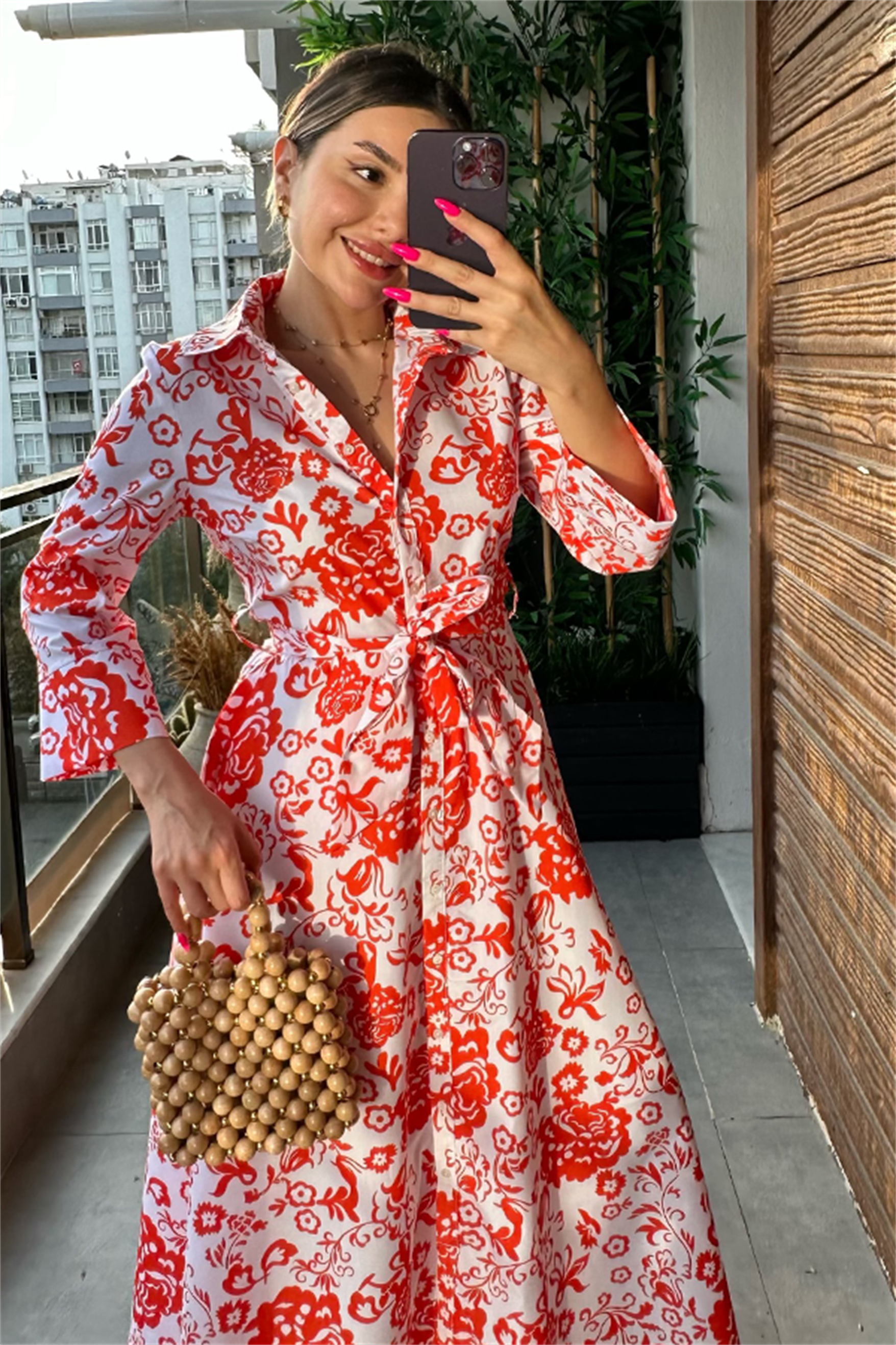 Fiesta turuncu beyaz çiçekli elbise