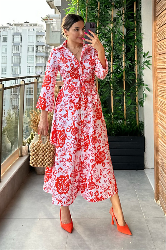 Fiesta turuncu beyaz çiçekli elbise