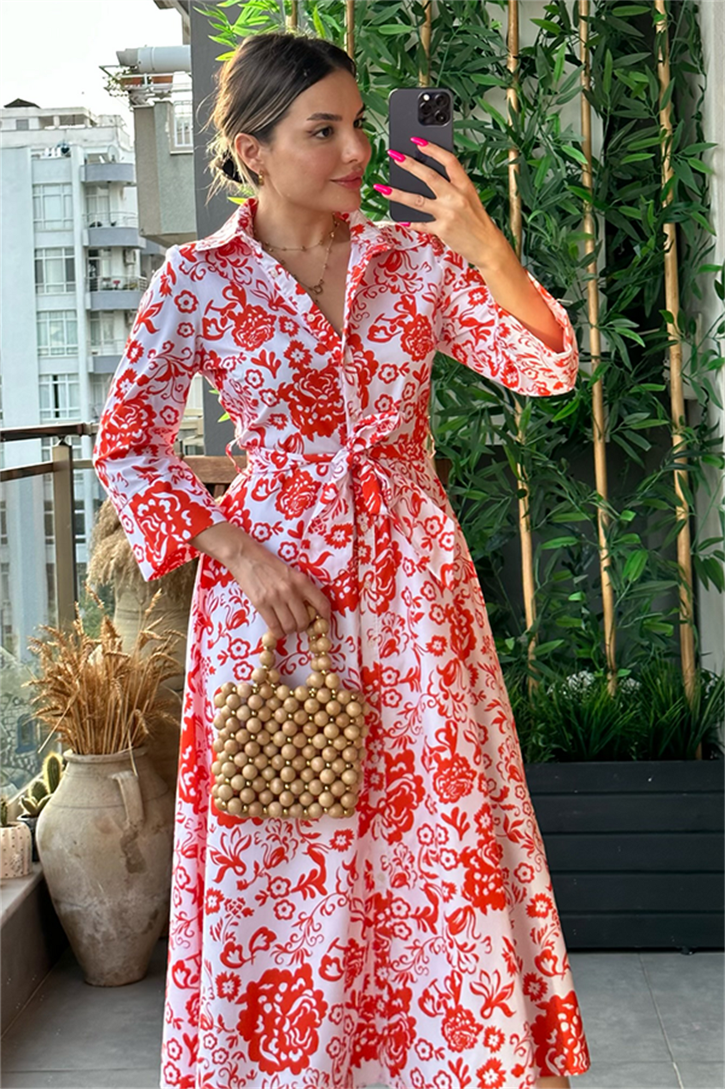 Fiesta turuncu beyaz çiçekli elbise