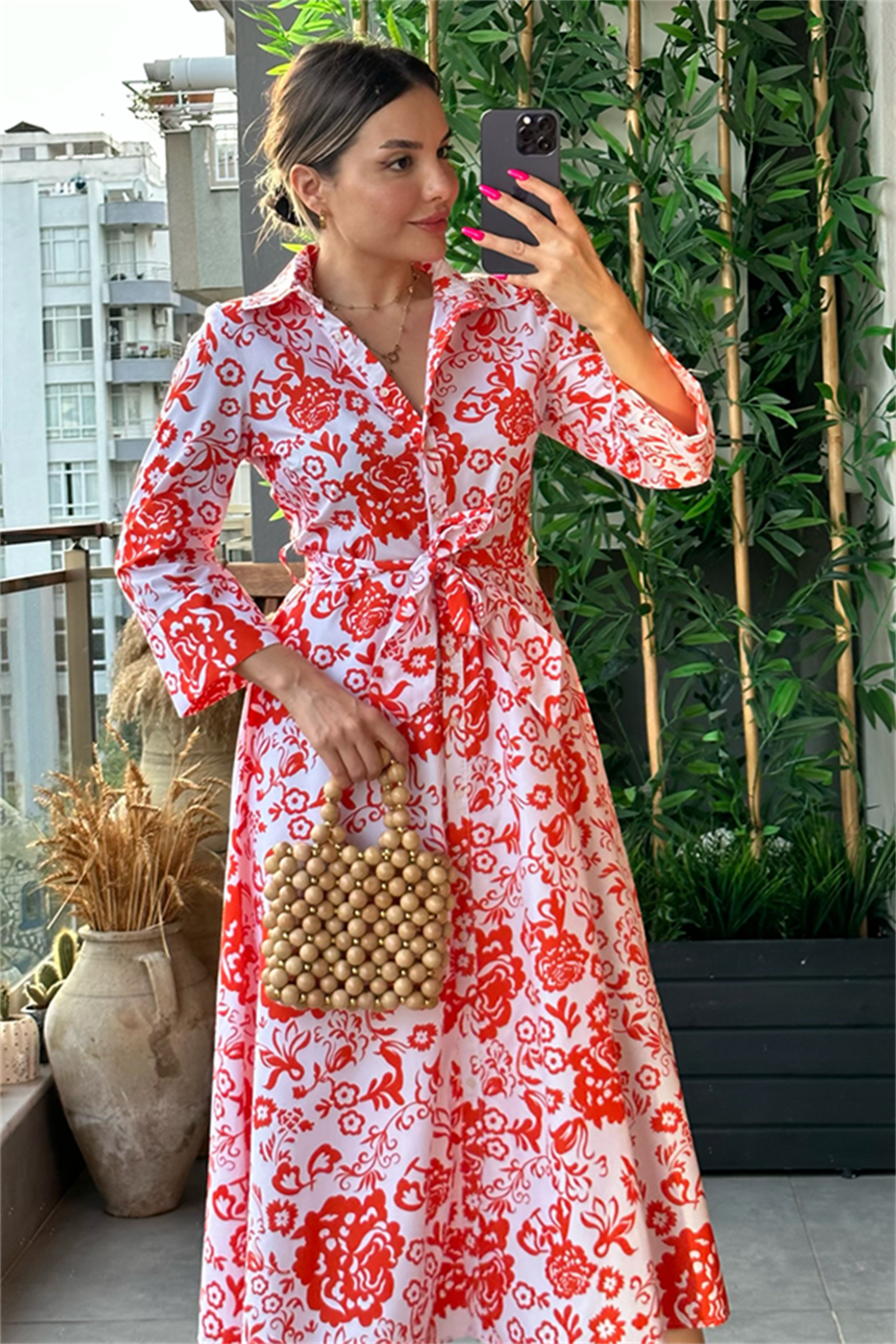 Fiesta turuncu beyaz çiçekli elbise