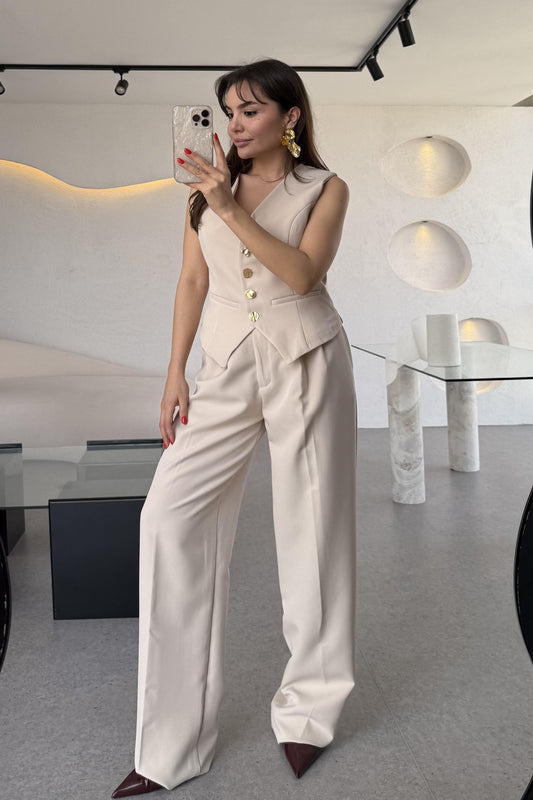 Fiona Bej Yelek Pantolon Premium Takım