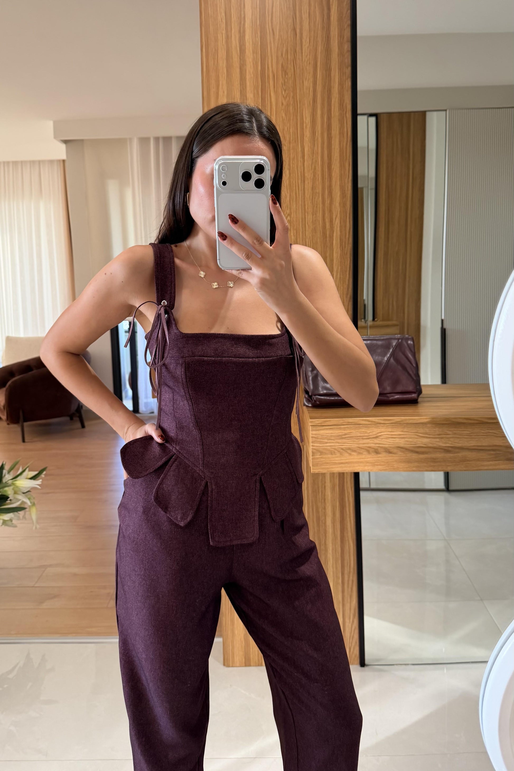 Fiora Bordo Crop Pantolon Takım