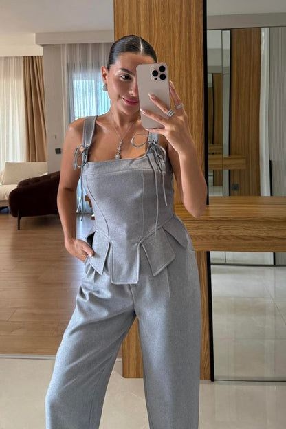 Fiora Gri Crop Pantolon Takım