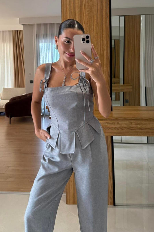 Fiora Gri Crop Pantolon Takım