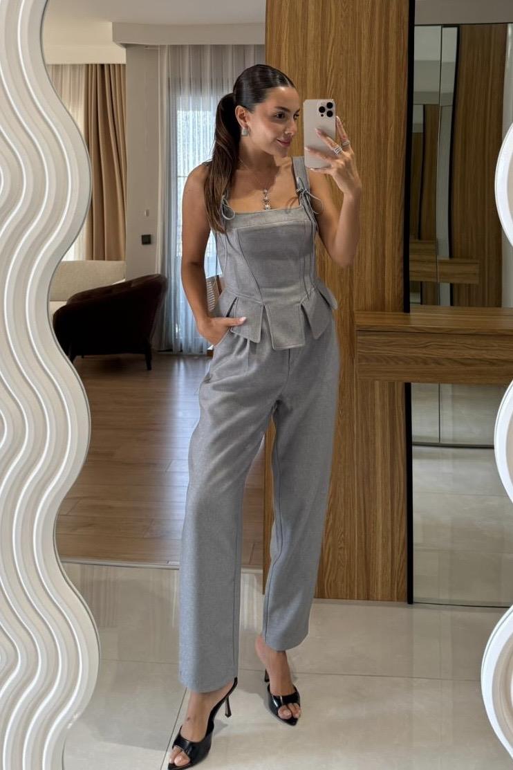 Fiora Gri Crop Pantolon Takım
