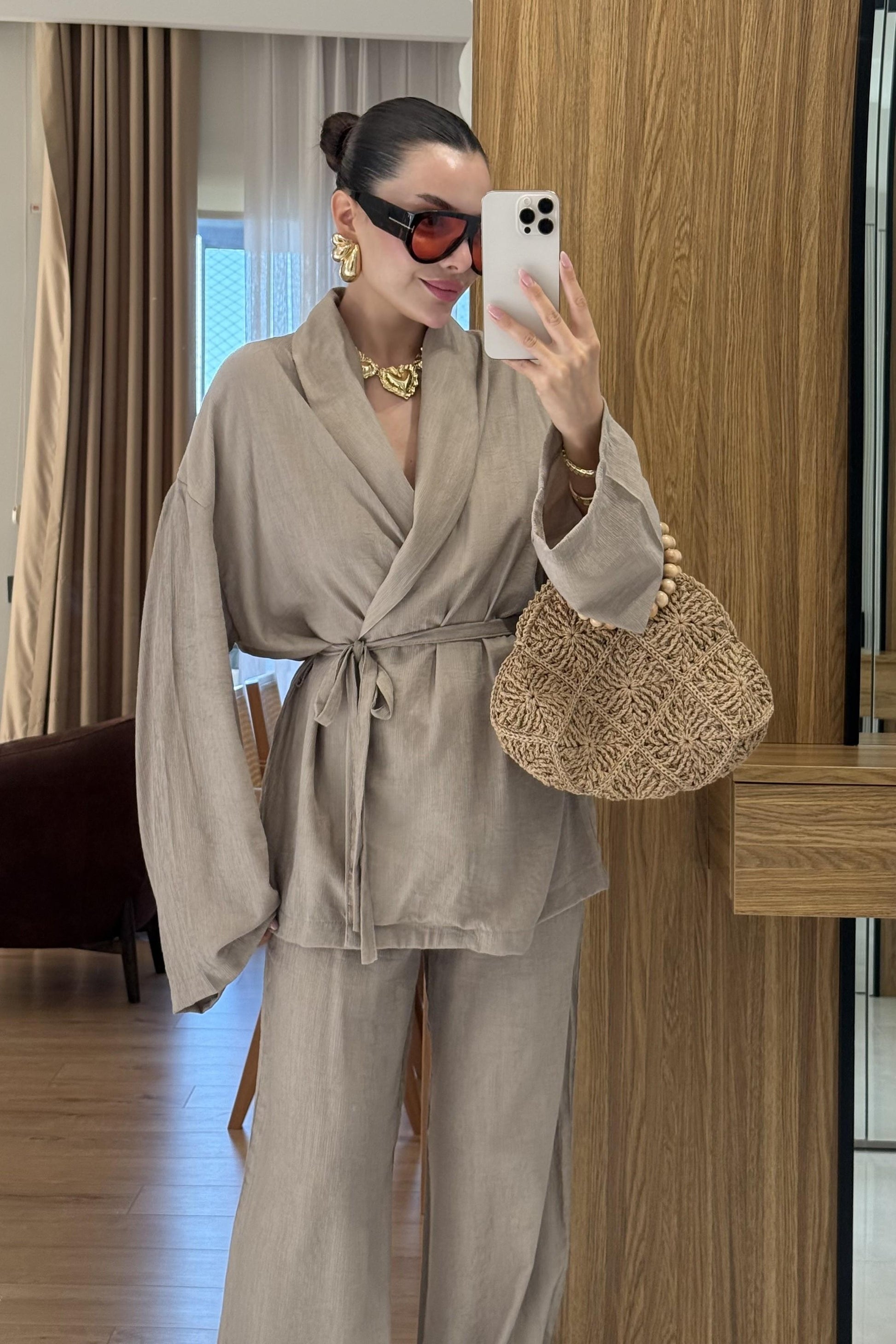 Fioren Kahve Kimono Pantolon Kuşaklı Takım