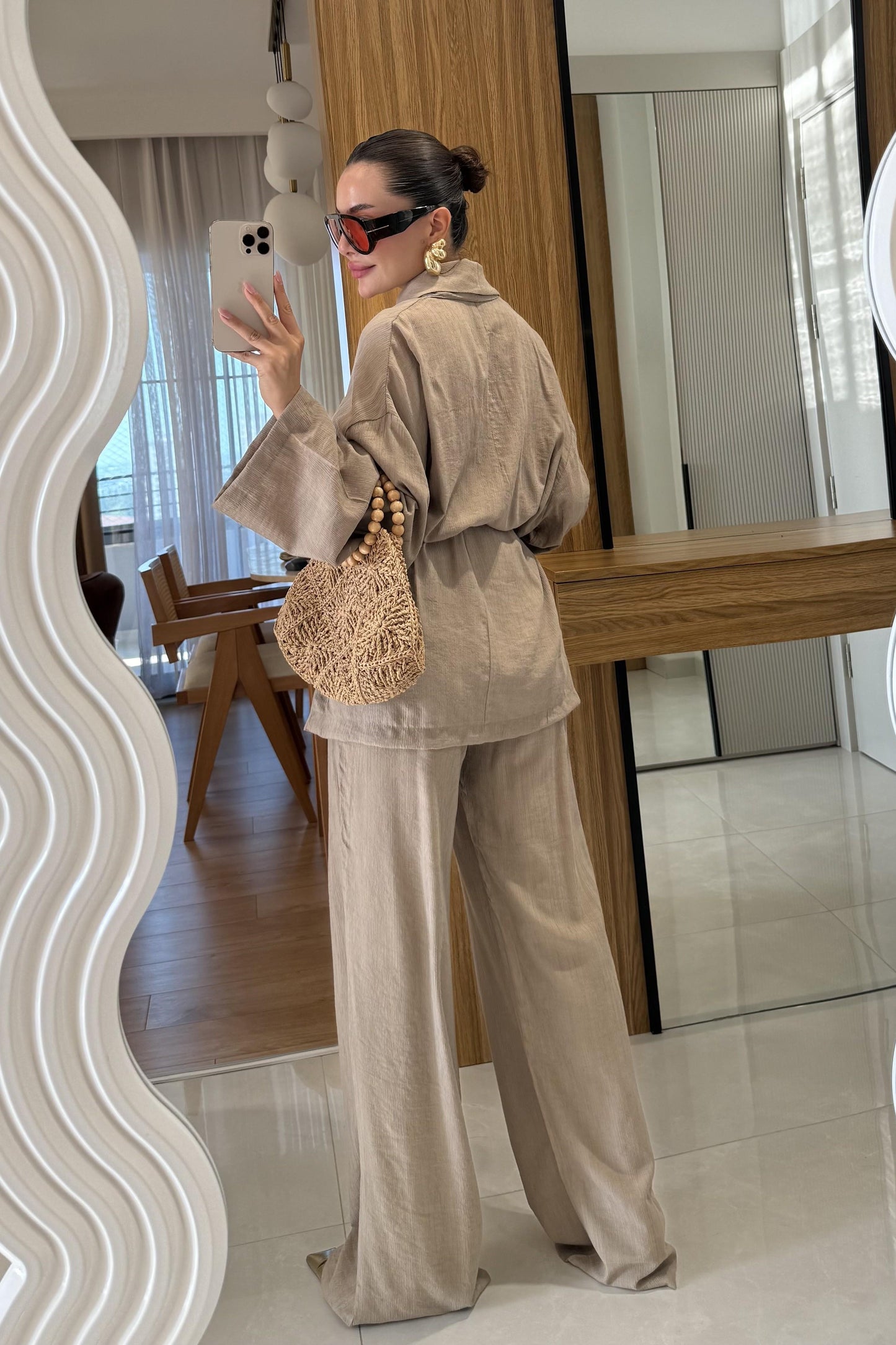 Fioren Kahve Kimono Pantolon Kuşaklı Takım