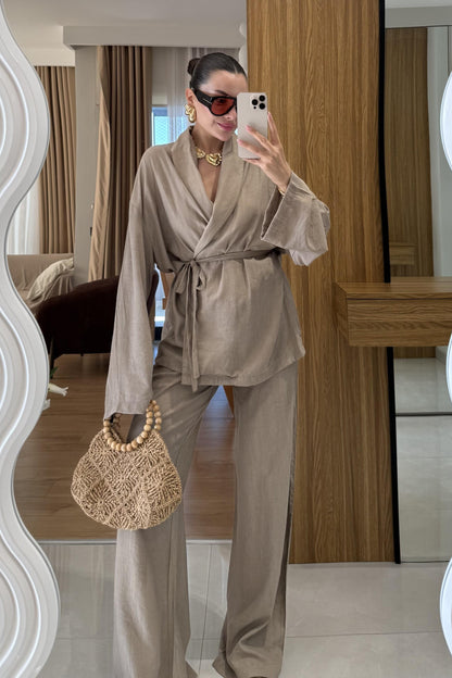 Fioren Kahve Kimono Pantolon Kuşaklı Takım